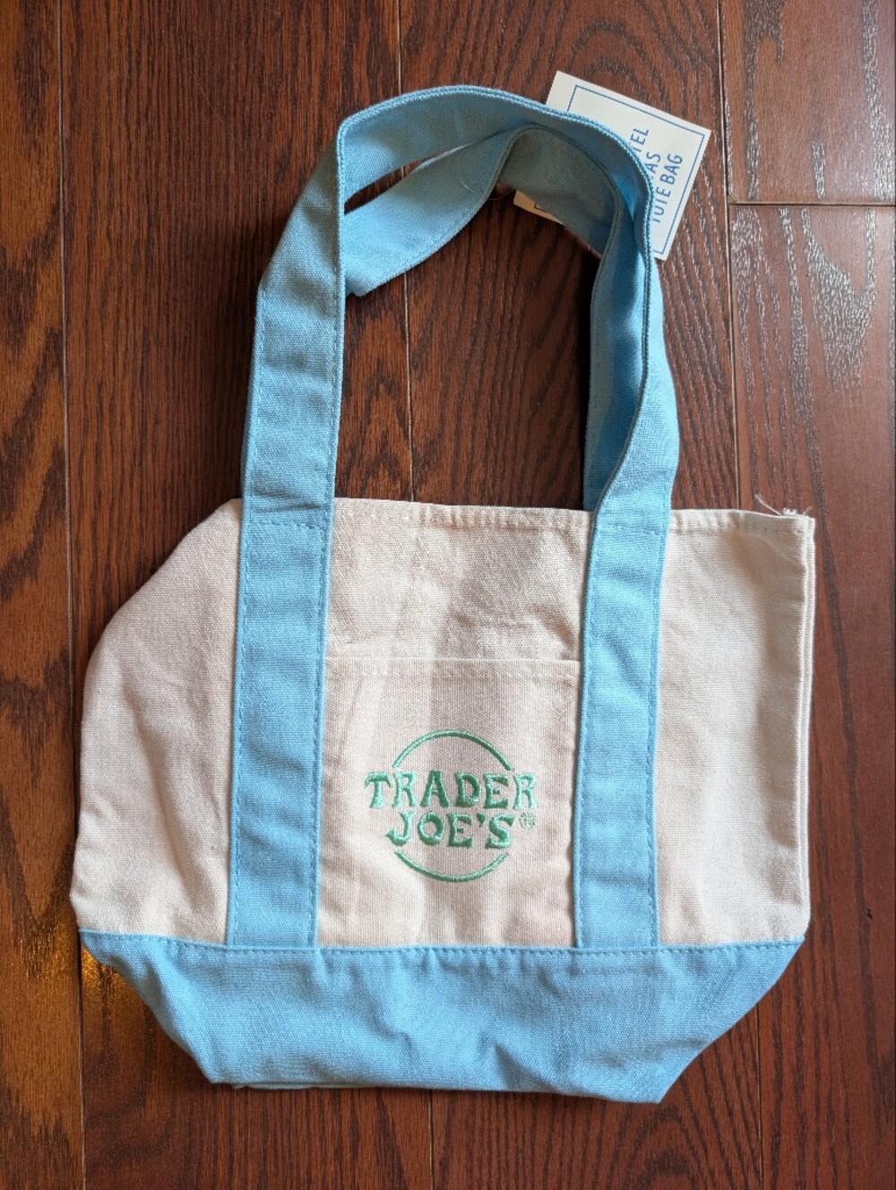 Trader Joes Mini Canvas Tote in Cream with Light Blue Accents New
